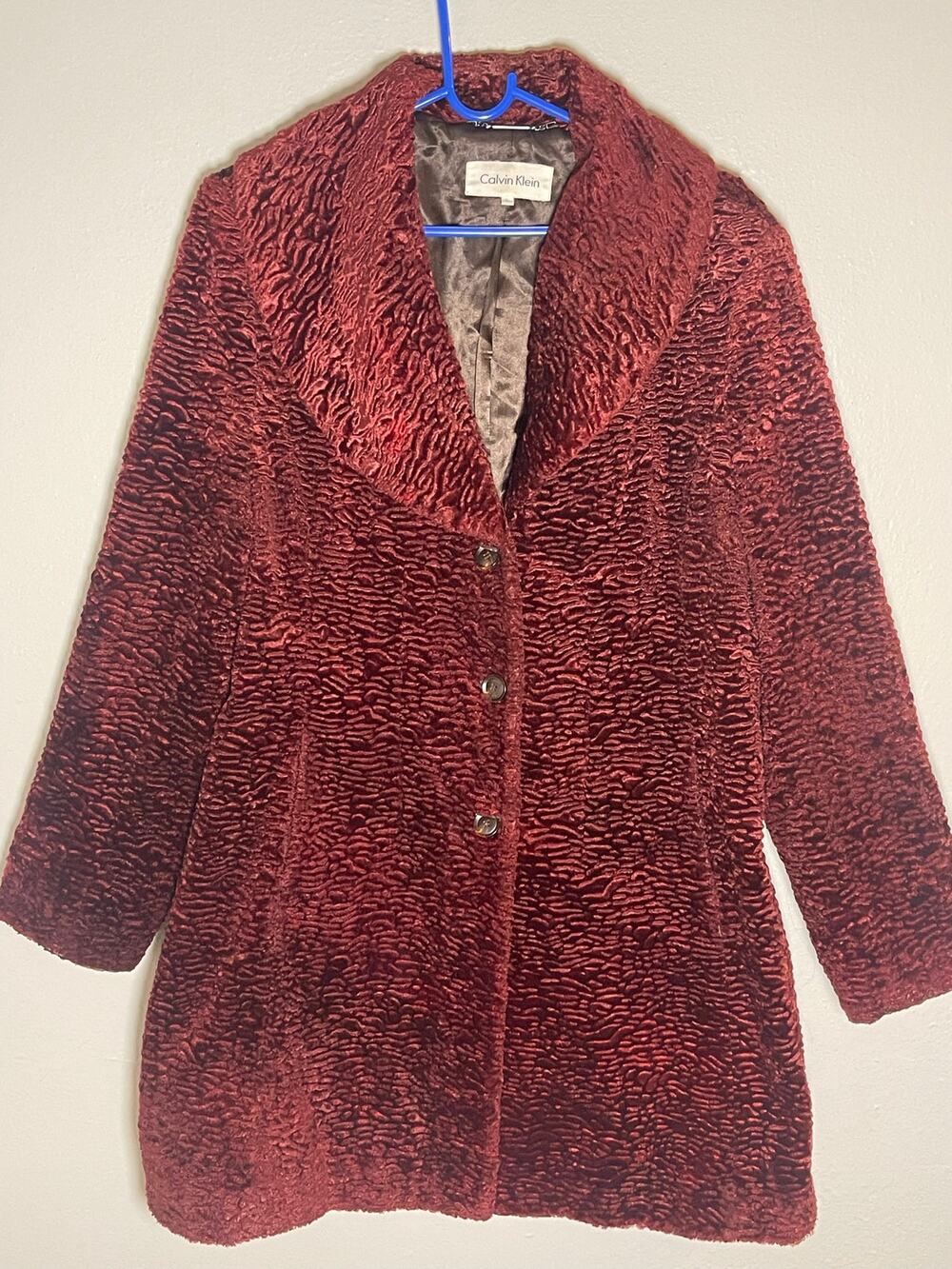 Calvin Klein Burgundy Faux Swakara Fur Mid-Length Coat Sz L
